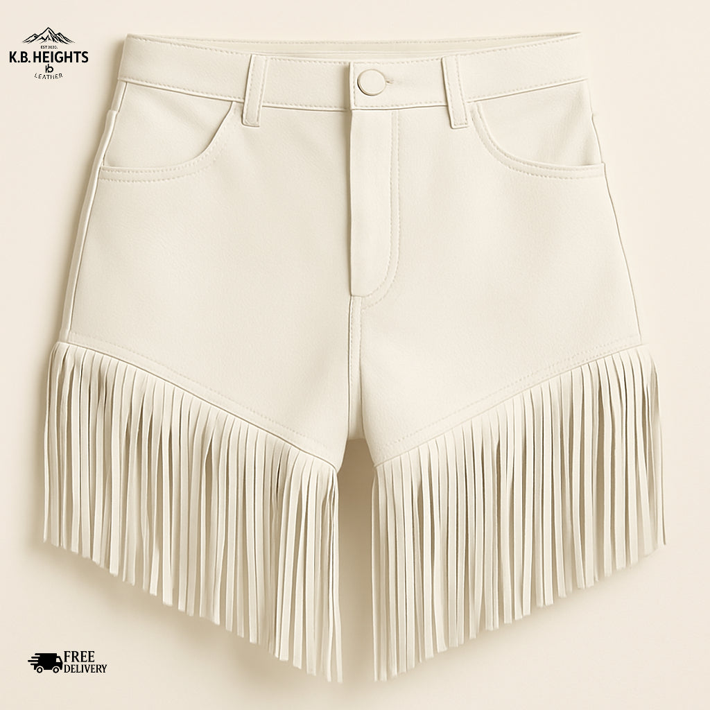 White Leather Fringe Shorts - Western Style
