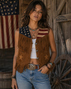 American Flag Suede Fringe Vest with Concho Buttons